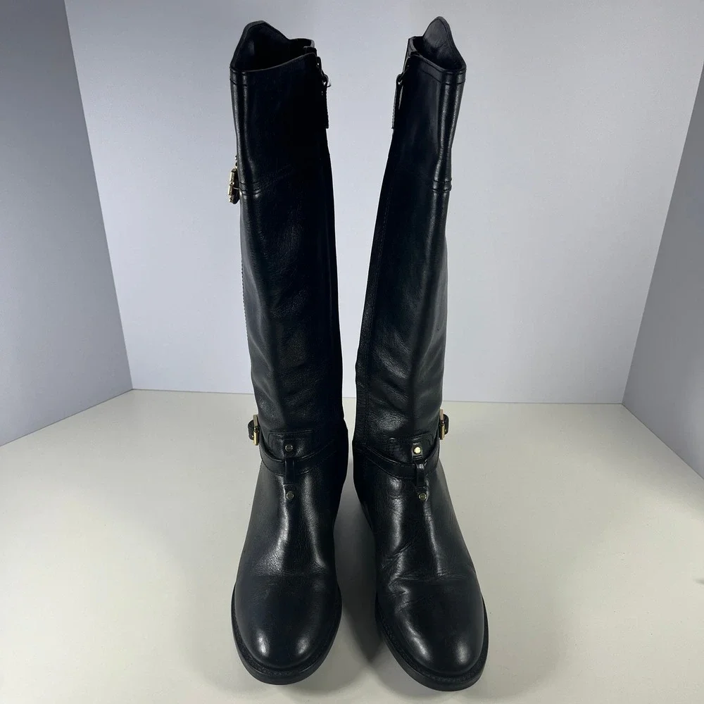 Tory Burch Eloise Tall Riding Boots Womens 7M Black Leather Knee High Equestrian